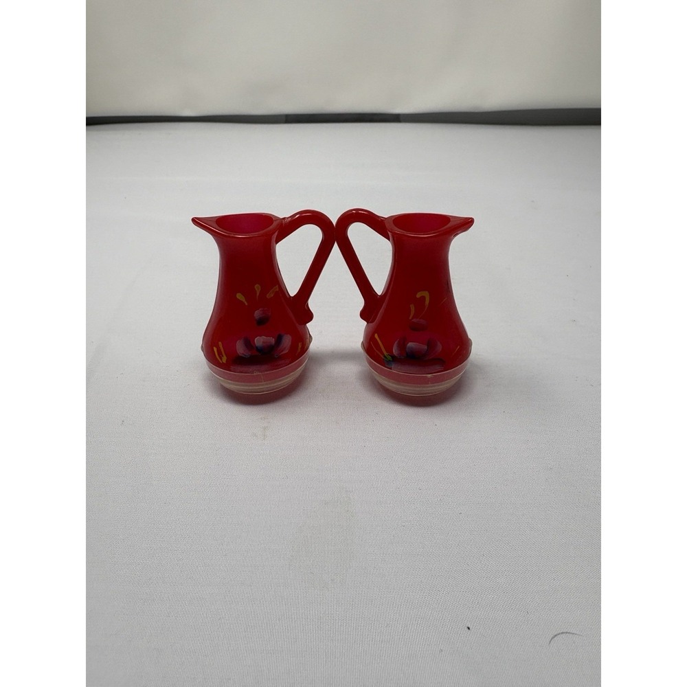 Vintage Hand painted  Plastic Pitcher Carafe Flower Salt and Pepper Shakers MCM